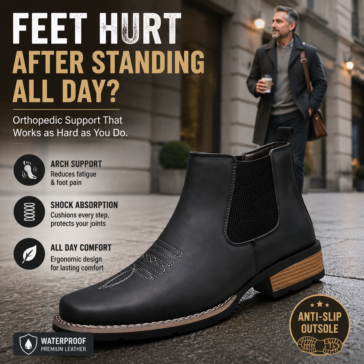 Men's Slip On Chelsea Ankle Boot - Slip-On, Waterproof, Maximum Support, Wide Toe Box with Arch Support