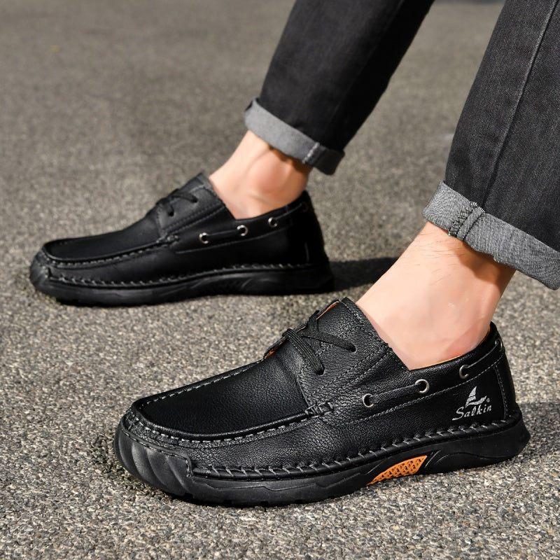(💥Top Rated Choice) Men’s Orthopedic Premium Handmade Leather Boat Shoes – Pressure Relief, Waterproof, Slip-Resistant, Wide Toe, Arch&Ankle Support for Everyday & Travel