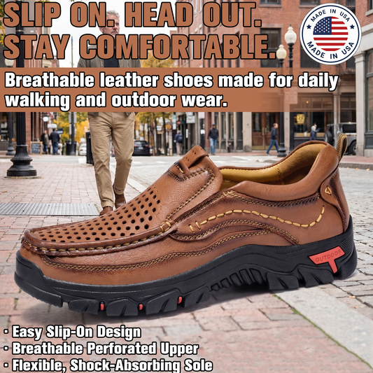 Men’s Handmade Perforated Leather Work & Outdoor Shoes – Arch Support, Wide Toe Box, Easy Slip-On, Rugged Non-Slip Sole