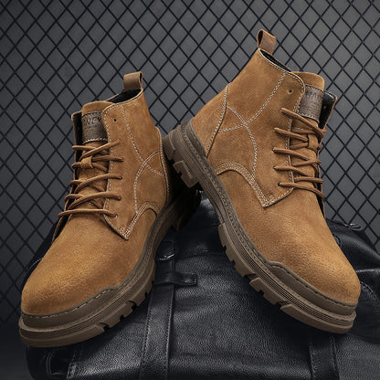 Men’s Leather Work Chukka Boots, Hand-Stitched Lace-Up Ankle Boots with Waterproof Lining, Non-Slip/Oil-Resistant Sole, Arch Support