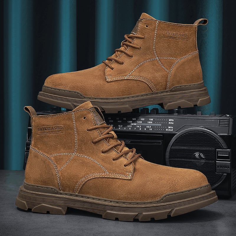 Men’s Leather Work Chukka Boots, Hand-Stitched Lace-Up Ankle Boots with Waterproof Lining, Non-Slip/Oil-Resistant Sole, Arch Support