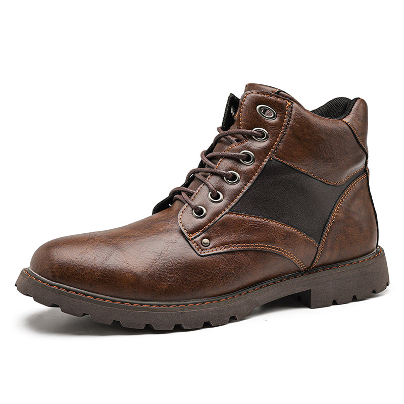 Mens Vintage Leather Ankle Boots, Hand-Stitched Lace-Up Work Boots with Arch Support, Non-Slip Lug Sole Casual Hiking Walking Chukka Boots