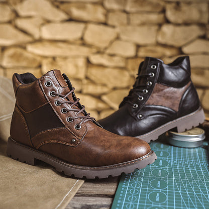 Mens Vintage Leather Ankle Boots, Hand-Stitched Lace-Up Work Boots with Arch Support, Non-Slip Lug Sole Casual Hiking Walking Chukka Boots