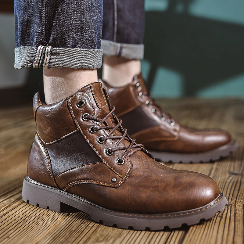 Mens Vintage Leather Ankle Boots, Hand-Stitched Lace-Up Work Boots with Arch Support, Non-Slip Lug Sole Casual Hiking Walking Chukka Boots