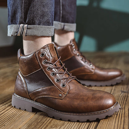 Mens Vintage Leather Ankle Boots, Hand-Stitched Lace-Up Work Boots with Arch Support, Non-Slip Lug Sole Casual Hiking Walking Chukka Boots