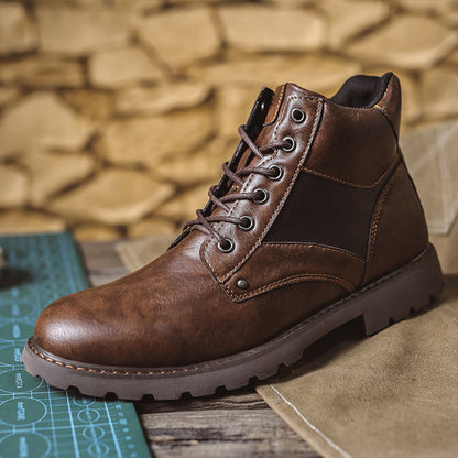 Mens Vintage Leather Ankle Boots, Hand-Stitched Lace-Up Work Boots with Arch Support, Non-Slip Lug Sole Casual Hiking Walking Chukka Boots