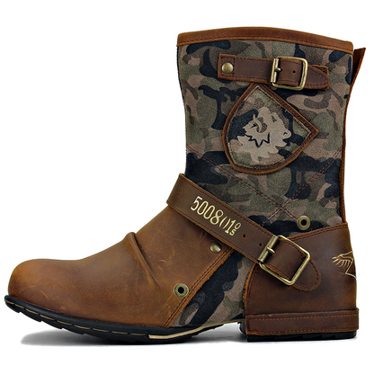 Men’s Vintage Outdoor Moto Work Boots — Handcrafted Stitching, Waterproof Leather & Slip-Resistant Traction