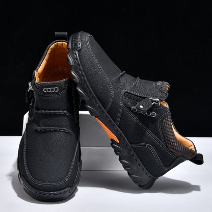 Men's Genuine Leather Casual Boots - Side Zipper, Breathable, Wide Toe Box with Arch Support