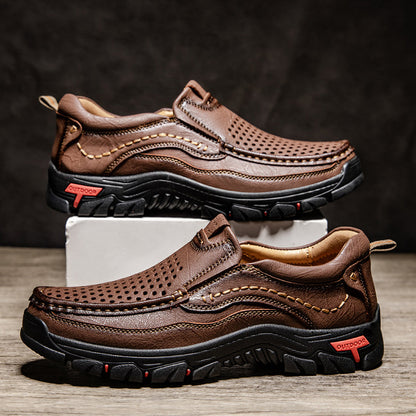 Men’s Handmade Perforated Leather Work & Outdoor Shoes – Arch Support, Wide Toe Box, Easy Slip-On, Rugged Non-Slip Sole