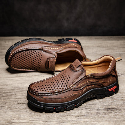 Men’s Handmade Perforated Leather Work & Outdoor Shoes – Arch Support, Wide Toe Box, Easy Slip-On, Rugged Non-Slip Sole