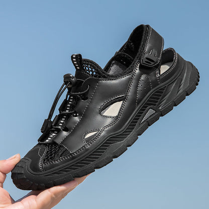 Men's Mixed Material Sandals - Velcro Strap, Breathable, Wide Toe Box with Arch Support
