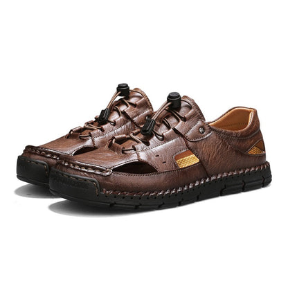 Men's Genuine Leather Sandals - Lace-Up, Slip-Resistant, Wide Toe Box with Arch Support