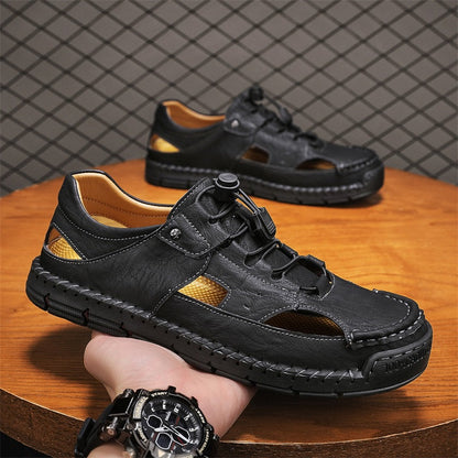Men's Genuine Leather Sandals - Lace-Up, Slip-Resistant, Wide Toe Box with Arch Support
