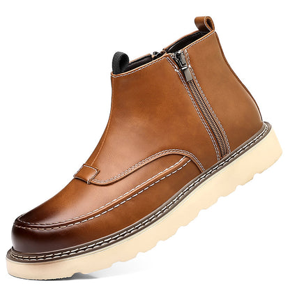 Men's Genuine Leather Casual Boots - Side Zipper, Waterproof, Wide Toe Box with Arch Support