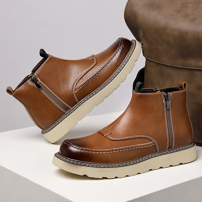 Men's Genuine Leather Casual Boots - Side Zipper, Waterproof, Wide Toe Box with Arch Support