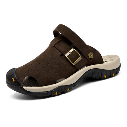 Men's Genuine Leather Sandals - Slip-On, Breathable, Wide Toe Box with Arch Support