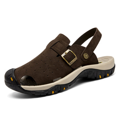 Men's Genuine Leather Sandals - Slip-On, Breathable, Wide Toe Box with Arch Support