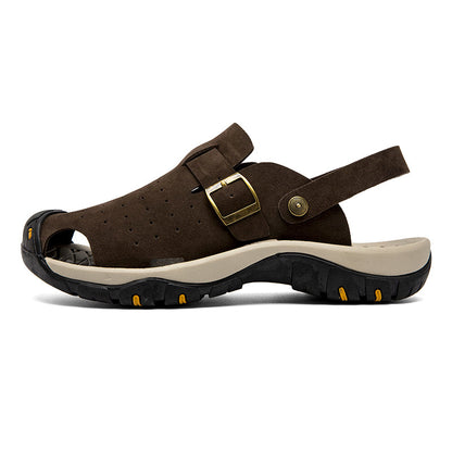 Men's Genuine Leather Sandals - Slip-On, Breathable, Wide Toe Box with Arch Support