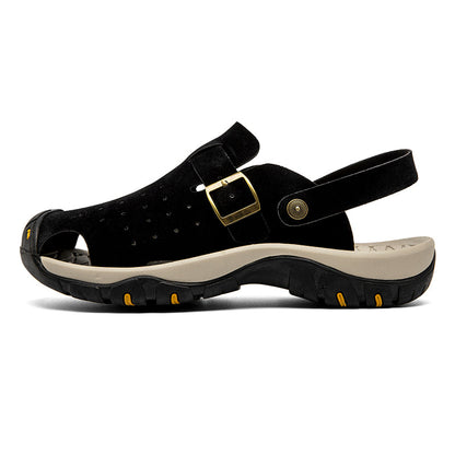 Men's Genuine Leather Sandals - Slip-On, Breathable, Wide Toe Box with Arch Support