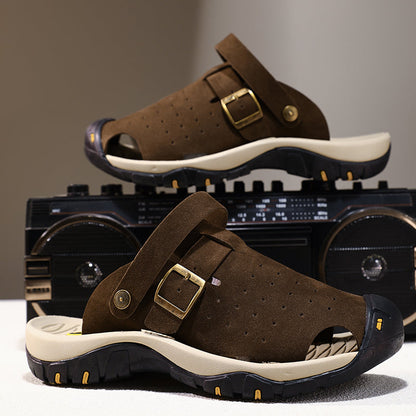 Men's Genuine Leather Sandals - Slip-On, Breathable, Wide Toe Box with Arch Support