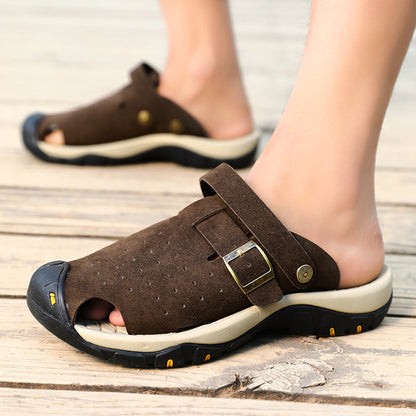 Men's Genuine Leather Sandals - Slip-On, Breathable, Wide Toe Box with Arch Support