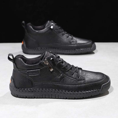 Men's Genuine Leather Casual Mid top shoes - Side Zipper, Waterproof, Wide Toe Box with Arch Support