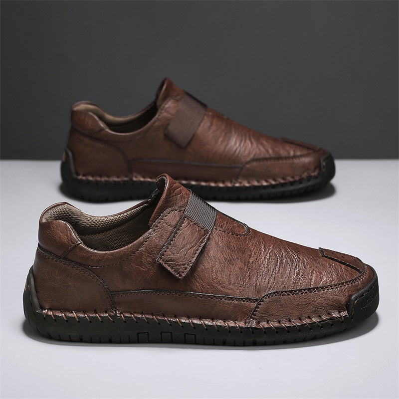 Men's Genuine Leather Walking Shoes - Slip-On, Waterproof, Wide Toe Box with Arch Support