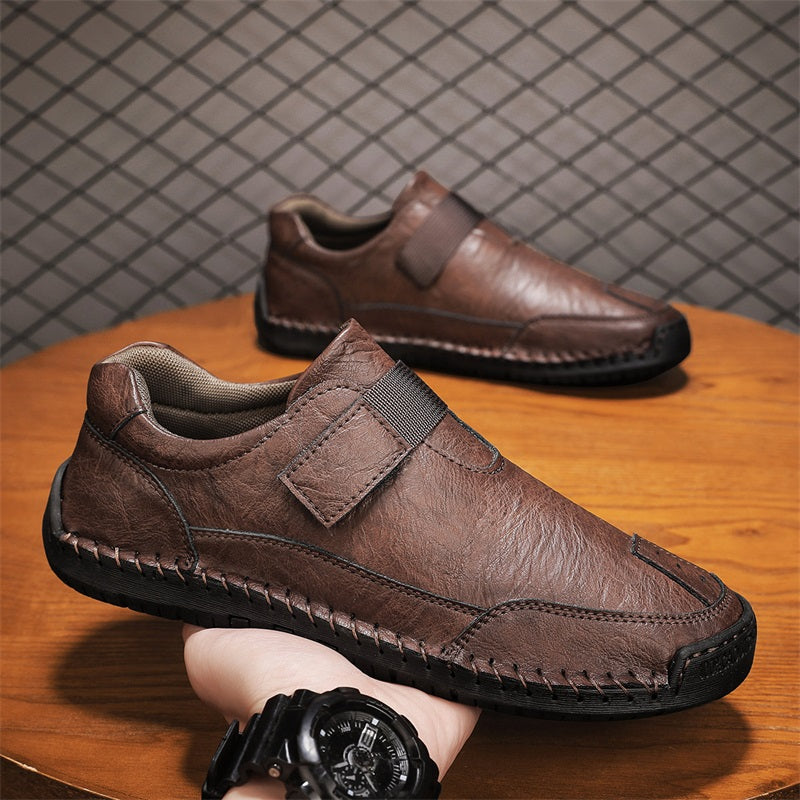 Men's Genuine Leather Walking Shoes - Slip-On, Waterproof, Wide Toe Box with Arch Support