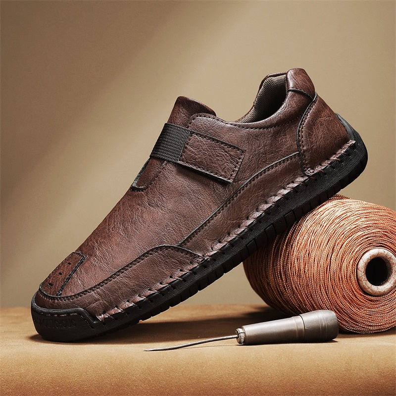 Men's Genuine Leather Walking Shoes - Slip-On, Waterproof, Wide Toe Box with Arch Support