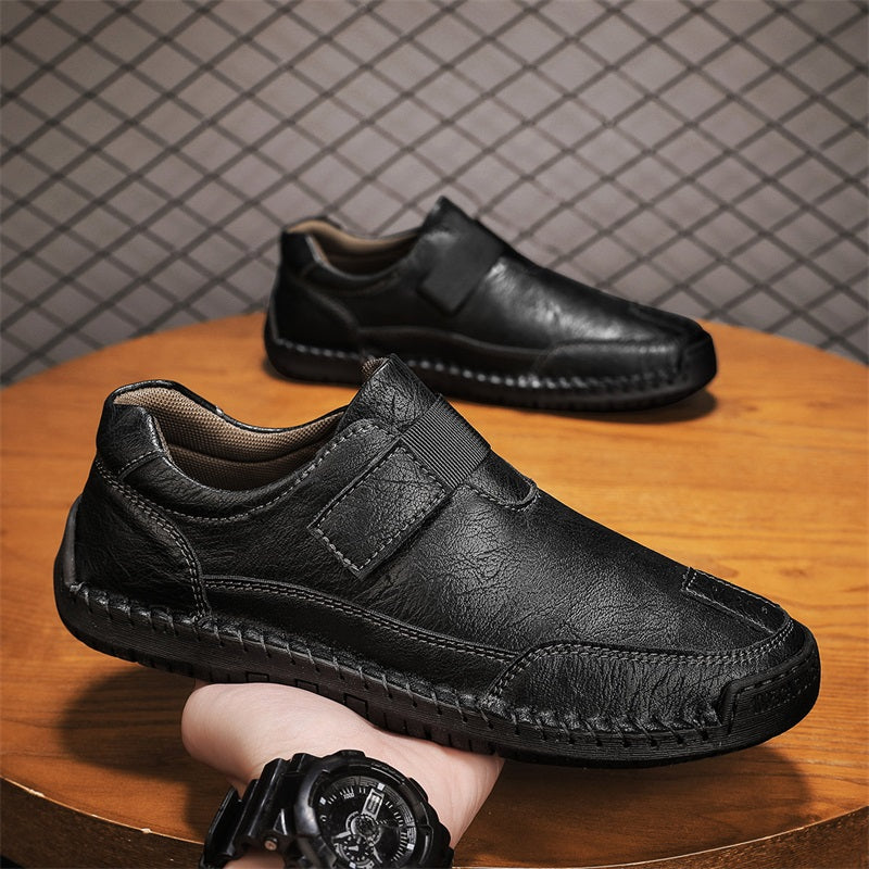 Men's Genuine Leather Walking Shoes - Slip-On, Waterproof, Wide Toe Box with Arch Support