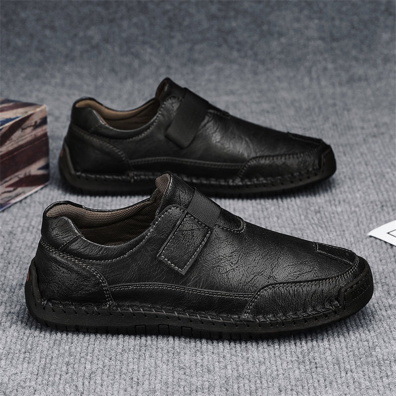 Men's Genuine Leather Walking Shoes - Slip-On, Waterproof, Wide Toe Box with Arch Support