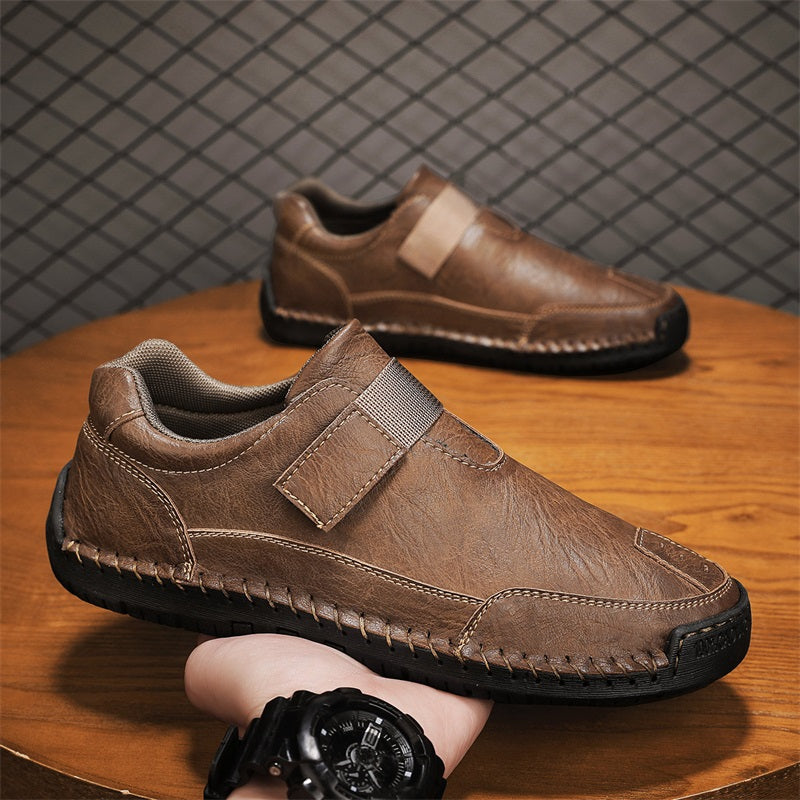 Men's Genuine Leather Walking Shoes - Slip-On, Waterproof, Wide Toe Box with Arch Support
