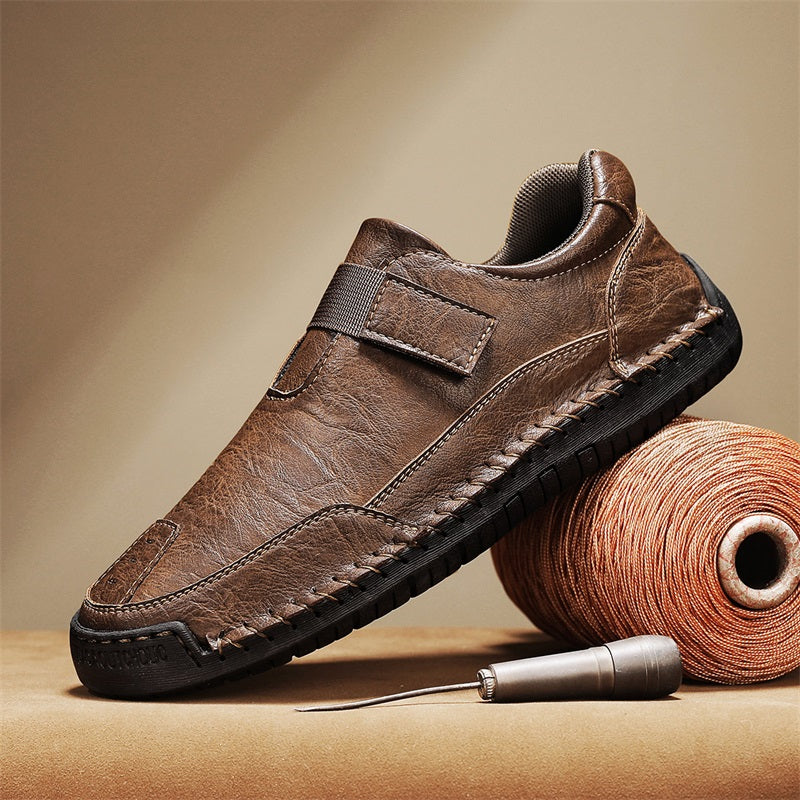 Men's Genuine Leather Walking Shoes - Slip-On, Waterproof, Wide Toe Box with Arch Support