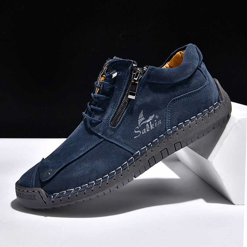Men's Genuine Leather Suede Casual Boots - Side Zipper, Waterproof, Wide Toe Box with Arch Support