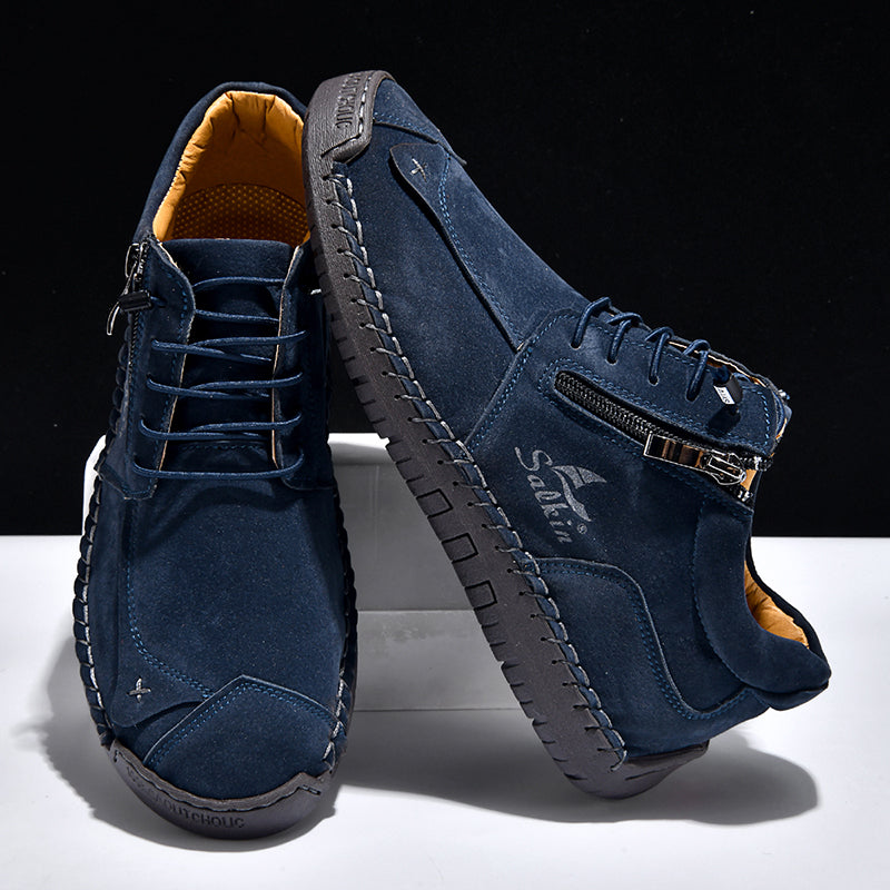 Men's Genuine Leather Suede Casual Boots - Side Zipper, Waterproof, Wide Toe Box with Arch Support