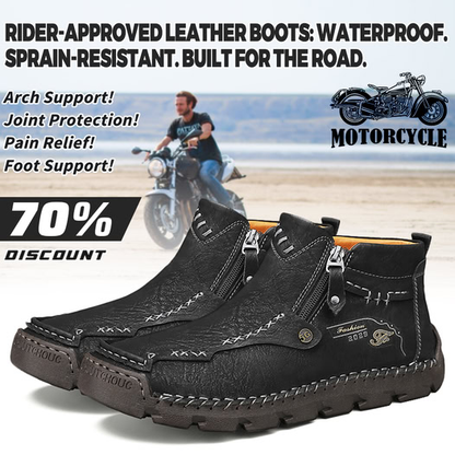 (🎁#6 Best Seller) Men's Top-Quality Motorcycle Boots Hand-Stitched Genuine Leather Boots-Wide Toe, Waterproof, Anti-Slip, Anti-Sprain, Suitable for Work, Driving, Hiking