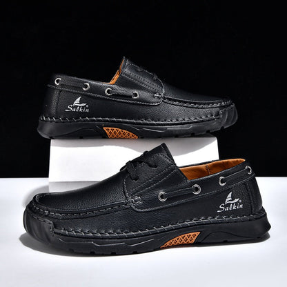 (💥Top Rated Choice)  Men’s Orthopedic Premium Handmade Leather Boat Shoes – Pressure Relief, Waterproof, Slip-Resistant, Wide Toe, Arch&Ankle Support for Everyday & Travel